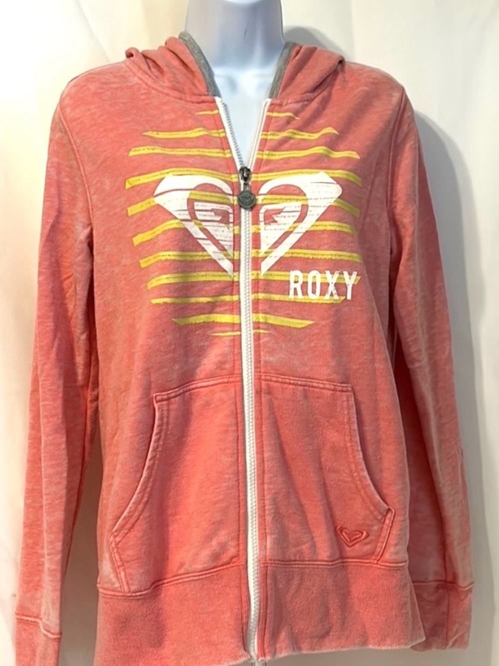 Roxy Women’s Small Pink Gray Hoodie Full Zip Front Logo Cotton Beach Jacket